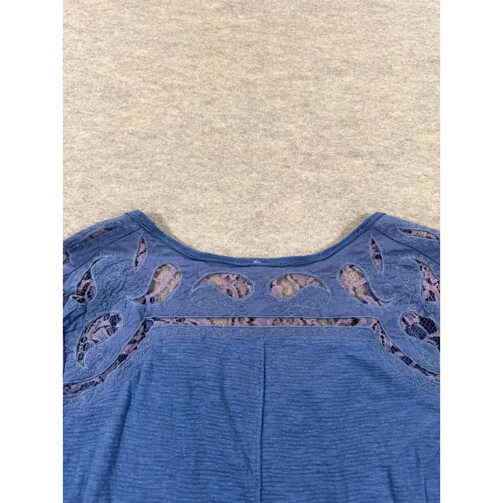 Free People Blouse Womens S Blue Viscose Paisley Lace Long Sleeve High Low Hem